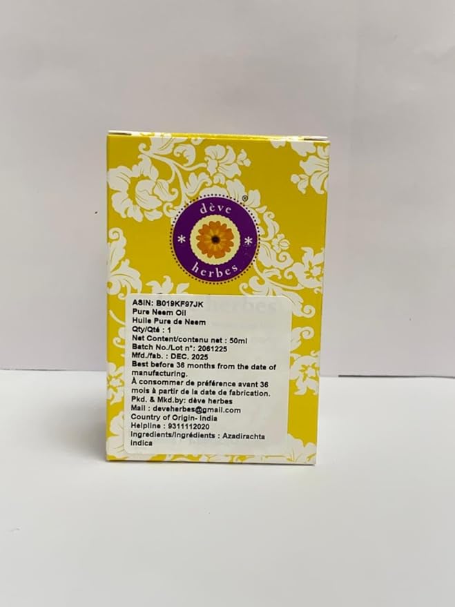 Deve Herbes Neem Oil (Azadirachta Indica) | Cold Pressed | Pure | Natural | Undiluted | For Diluting Essential oils | For Hair, Skin & Massage | Non-Sticky| Lightweight| Men & Women | 50ml (1.69 oz)