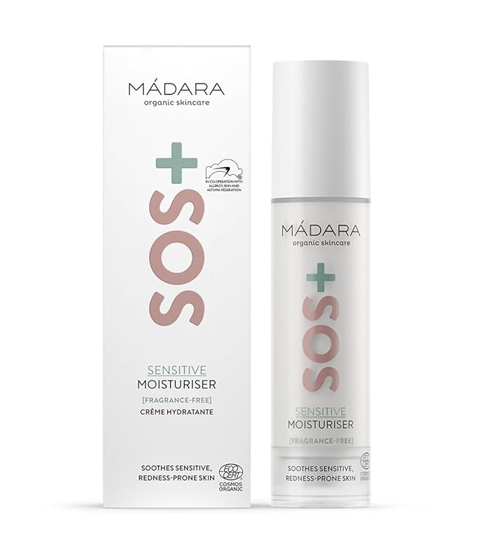 MÁDARA SOS Sensitive Moisturiser 50 ml, Fragrance-Free Face Moisturizer for Sensitive, Redness-Prone Skin, Hydrating Cream with Hyaluronic Acid, Jojoba Oil and Red Algae, Organic Certified