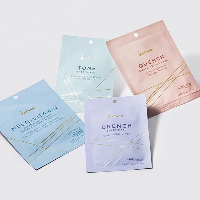Karuna Ultimate Age-Defying Sheet Mask Essentials Set | 4 Pack – Drench, Tone, Multi-Vitamin & Quench | Free of Parabens, Phthalates & Sulfates | 2.86 OZ
