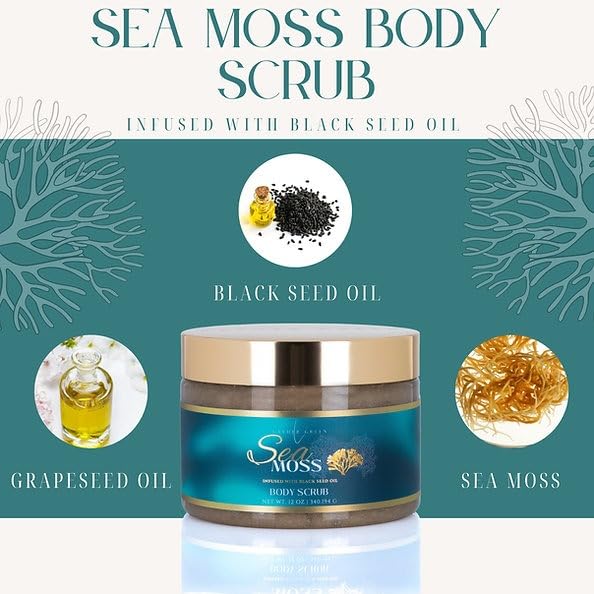 Exfoliating Sugar Body Scrub, Nourishing and Brightening Skincare Formula for Smooth, Radiant Skin, Hydrates & Revitalizes All Skin Type, 12 oz (12 OZ, Sea Moss)