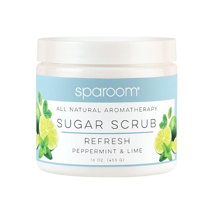 SpaRoom All Natural Aromatherapy Shea Butter and Raw Sugar Hydrating and Exfoliating Body Scrub, 16 oz, Refresh- Peppermint and Lime Essential Oils