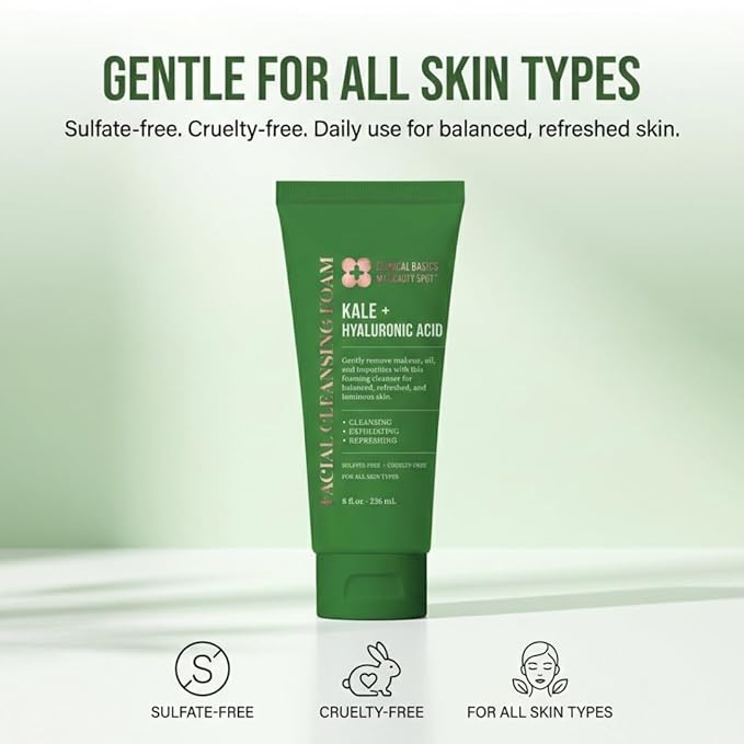 My Beauty Spot Kale + Hyaluronic Acid Facial Cleansing Foam, Gentle Face Wash for Hydrating & Refreshing Skin, 8 oz