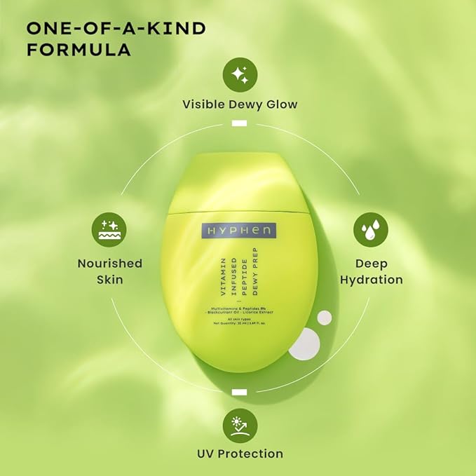 Hyphen Vitamin-Infused Peptide Dewy Prep 8% Multivitamins & Peptides Serum | Instant Dewy Glow & Hydration, UV Protection & Strengthens Skin Barrier | Lightweight, Non Greasy, Fragrance Free - 50ml