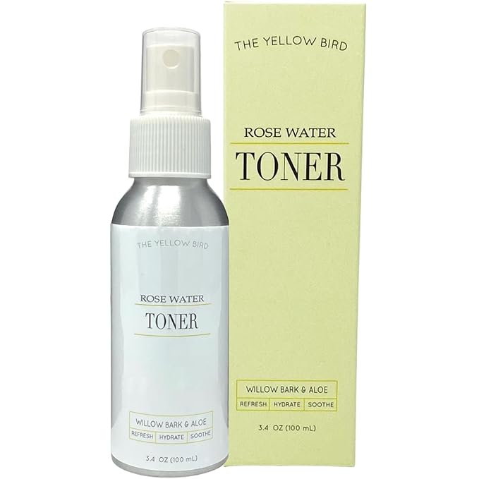 Yellow Bird Natural Rose Water Face Toner - Soothing Facial Hydration Spray, Calming Makeup Setting Mist, Moisturizer Willow Bark to Reduce Redness, Eye Puffiness, Dark Circles