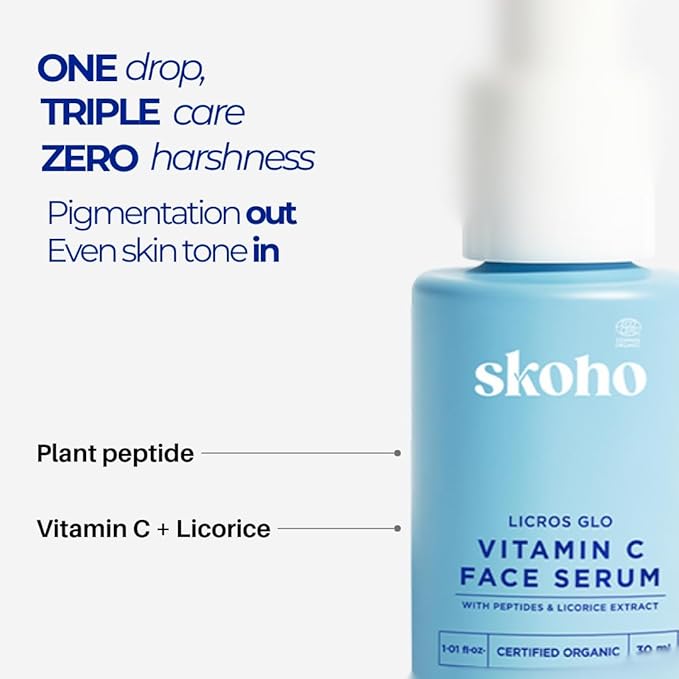 Organic Vitamin C Face Serum with 98.932% Naturality | Reduces dark spots & Hyper Pigmentation | Licorice, Natural Peptides, Vitamin C | 30ml, Natural