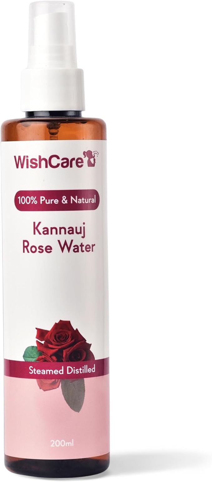 WishCare 100% Pure & Natural Rose Water Liquid - for Skin, Face & Hair - Steam Distilled - Kannauj Gulab Jal - Spray Skin Toner - Free from Paraben, Alcohol & Chemicals - 200 ml