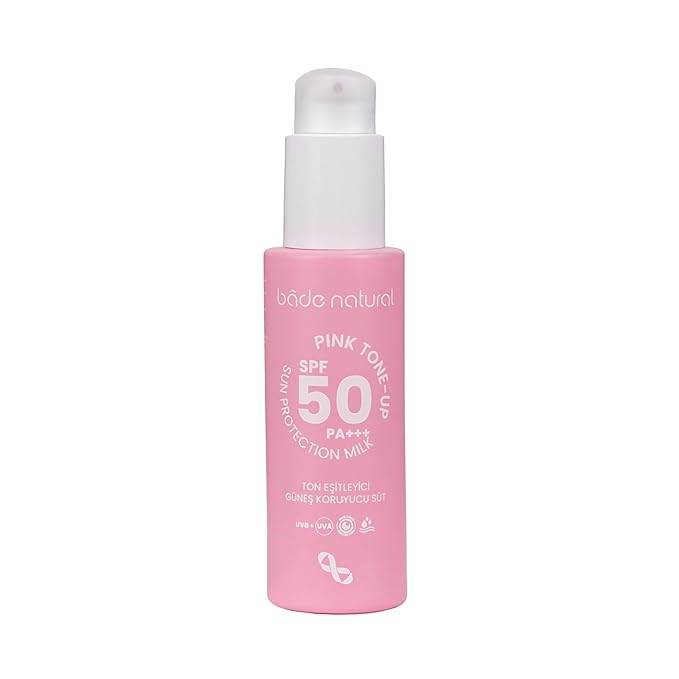 Bade Natural Tone-Correcting & Brightening Pink Mineral Sunscreen Milk SPF 50 – Broad Spectrum UVA/UVB Protection with Zinc Oxide, Calamine, Aloe Vera, Panthenol & Vitamin B3 – 1.0 fl oz
