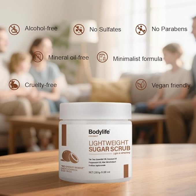 Coconut Sugar Scrub for Body Face & Feet - Suitable for Sensitive Skin, Vegan Natural Non-Greasy with Coconut Oil & Aloe Vera, Gentle Moisturizing Exfoliator（9.88 Oz）