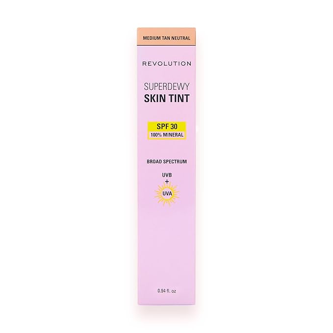 Revolution Superdewy SPF 30 Skin Tint, Tinted Mineral Face Foundation, Buildable Coverage for Facial Glow, 12% Zinc Oxide, Vegan & Cruelty-Free, Medium Tan Neutral