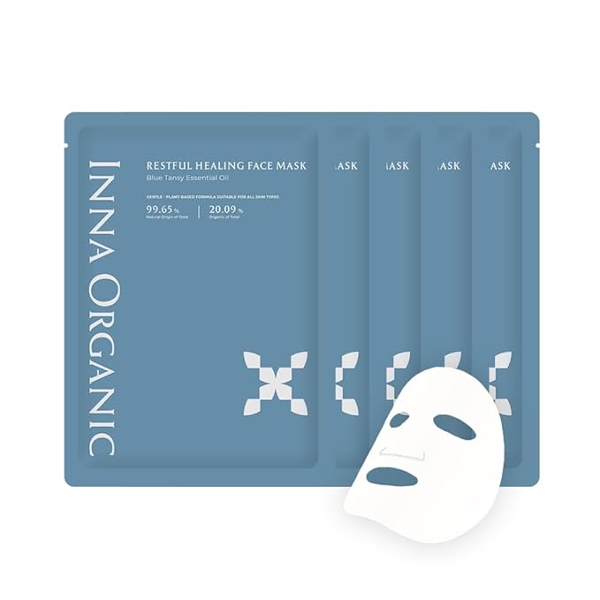 INNA ORGANIC Sheet Mask - Nexty Award Finalist, Sleep Well Glow, Overnight Renewal, Restful Healing, Sustainable & Clean Beauty (Pack of 5) | Blue Tansy Essential Oils Infused Skin Care