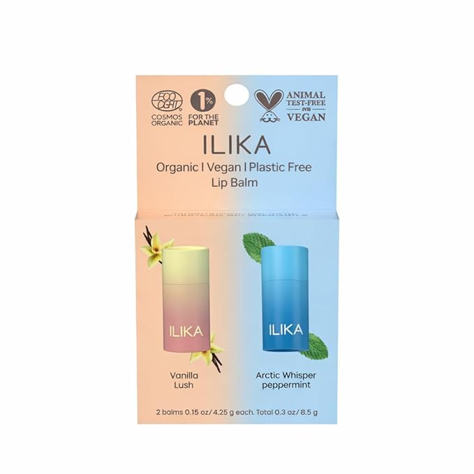 ILIKA 100% Natural Lip Balm - Organic, Plastic-free, Vegan, Cruelty-Free, Vitamin E, COSMOS Certified, PETA Certified, 2-Pack - Vanilla, Peppermint, All-Day Moisture, 0.15 oz each