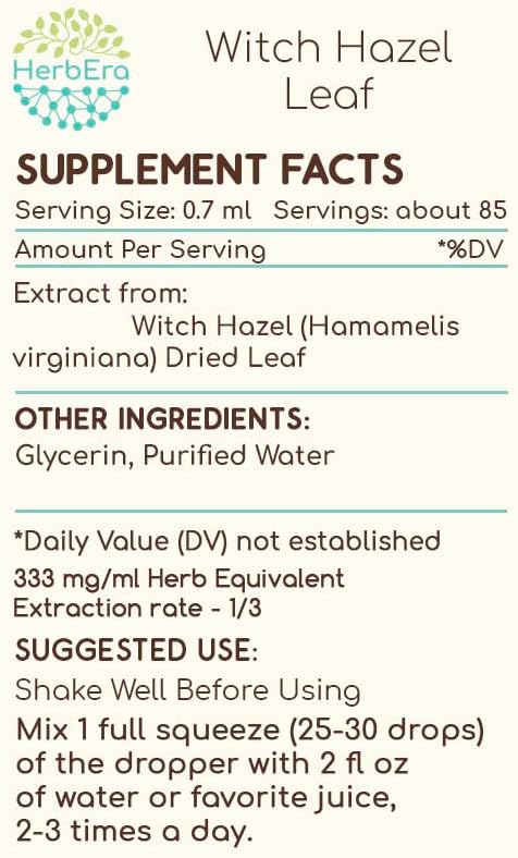 Witch Hazel Leaf B60 Alcohol-Free Herbal Extract Tincture, Concentrated Liquid Drops Natural Hamamelis virginiana Dried Leaf (2 fl oz)
