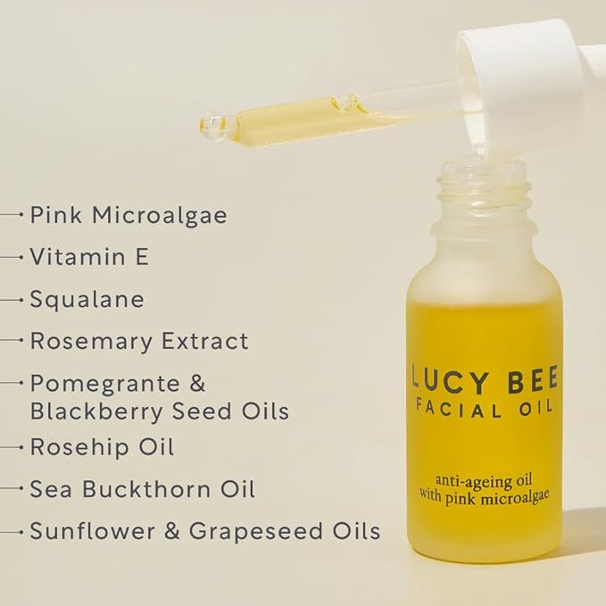 Lucy Bee Face Oil, Certified Organic, Antioxidant Rich Facial Oil, Pink Microalgae, Vitamin E & Squalane, Lightweight & Luxurious, Dermatologist Approved, Cruelty Free & Vegan, 0.6fl oz