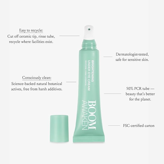 Boom Awaken Cooling Under Eye Cream - Targets Puffiness & Uneven Tone with Vitamin C, Licorice Root, Wild Mint, Green Tea & Hyaluronic Acid - Lightweight, Refreshing, Vegan Formula - 0.5 oz