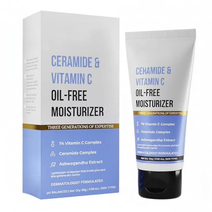 Dr Sheth Ceramide & Vitamin C, Oil Free, Lightweight Moisturizer to Hydrate & Brighten Skin with Vitamin C, Ceramide & Ashwagandha Daily Use Cream for Oily Skin, 50g, 1.76 Ounce