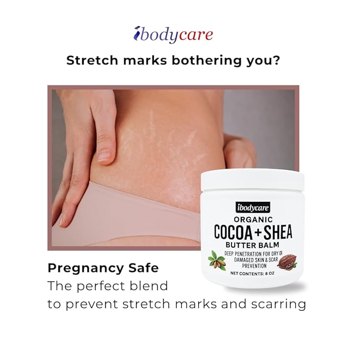 Organic Raw Shea Butter Cocoa Butter Body Balm with Coconut Oil, 8 oz Unrefined Natural Body Butter Blend for Women, Men, Kids, and All Skin Types
