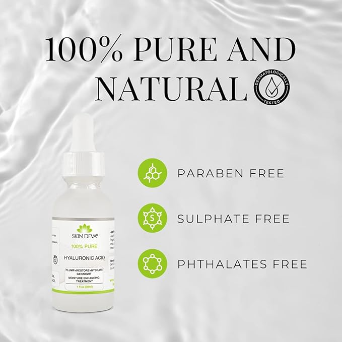 Skin Deva 100% Pure Hyaluronic Acid Serum for Face – Hydrating Facial Serum to Help Plump and Smooth the Appearance of Fine Lines – Lightweight Moisture Boost for All Skin Types – 1 Fl oz