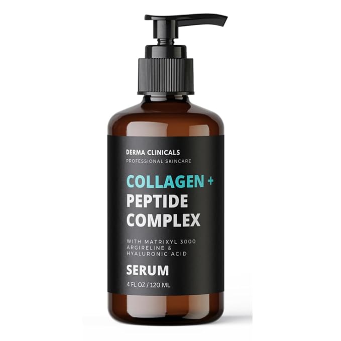 DERMA CLINICALS Collagen Peptide Serum with Matrixyl 3000 + Argireline, Hyaluronic Acid Serum, Anti-Aging Collagen Face Serum, Firming and Plumping, Anti-Wrinkle Serum for face - 4oz