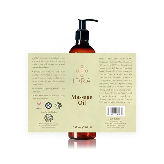 Idra Wellness Body Massage Oil for Massage Therapy - Contains Lavender, Rose, Ylang Ylang - 100% Pure - 240ml, Multipurpose Instant Absorption Full Body Massage Oil - 8 Fl Oz