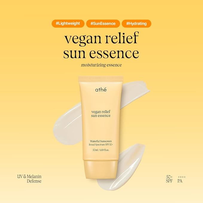 athé Vegan Relief Sun Essence SPF 50+ Broad Spectrum – Lightweight K-Beauty Sunscreen for Face & Neck, Multi-Vitamin Formula, No White Cast, Vegan & Clean, 1.69 fl oz