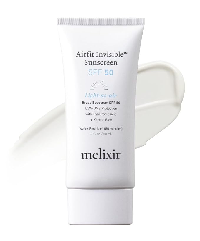 Melixir Airfit Invisible™ Sunscreen SPF 50, Broad Spectrum Korean Rice Sunscreen for Face, Hyaluronic Acid, Moisturizing Daily Protection for Sensitive Skin, No White Cast, Waterproof (1.7fl.oz./50ml)