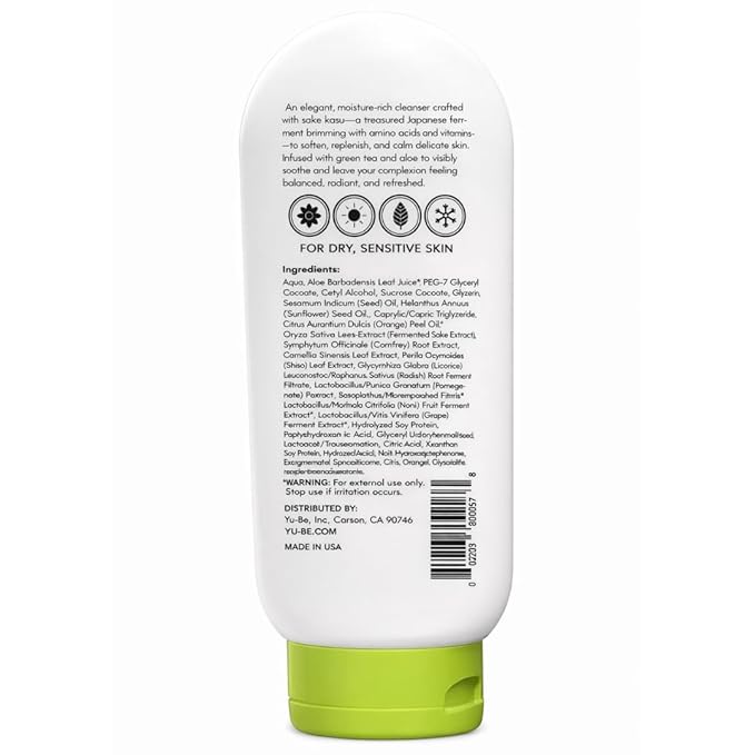 Yu-Be Hydrating Face Wash – Gentle Non Foaming Daily Calming Cleanser for Dry Sensitive Skin with Sake Kasu & Green Tea – Cleanses Deeply Without Stripping For Soft, Balanced Skin - 6.7 fl. oz.