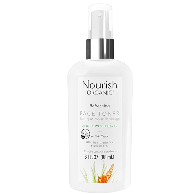Nourish Organic Face Toner Spray – Alcohol-Free Formula with Witch Hazel, Aloe Vera & Moroccan Rose Flower Extract, 3 Oz + Washable Cotton Round