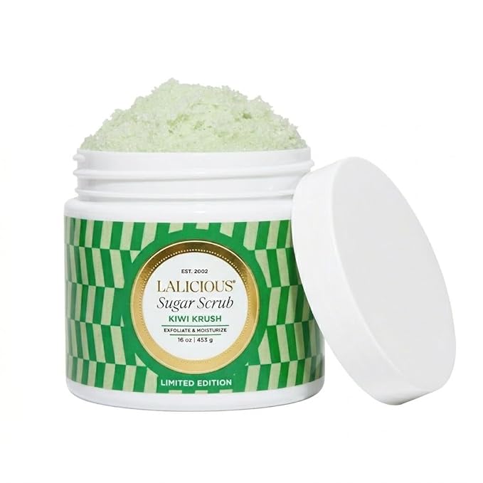 LALICIOUS Kiwi Krush Sugar Scrub - Cane Sugar Body Scrub - Exfoliating & Moisturizing Body Care with Coconut Oil and Kiwi Seed Oil for Soft, Smooth, Protected Skin - No Parabens (16oz)