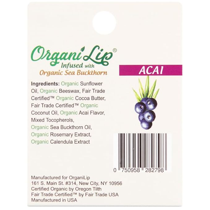 OrganiLip Organic Lip Balm, Acai Flavor, Ultra Hydrating Lip Moisturizer for Cracked or Dry Lips, Infused With Sea Buckthorn, Oval Shaped Tube, USDA Certified Organic, 1 Pack