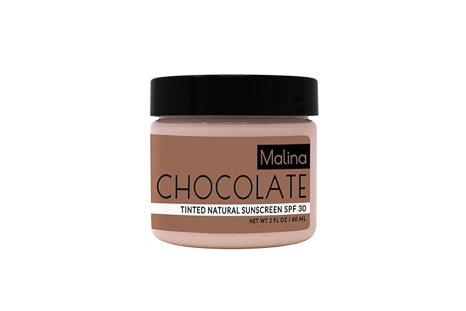 Malina™ Organic Chocolate Tinted Natural Sunscreen | SPF 30+ | Nontoxic | Reef-Safe | No Preservatives | No Synthetic Fragrance | 3 Shades | With Non-Nano Zinc-Oxide (2 Fl Oz, Light)