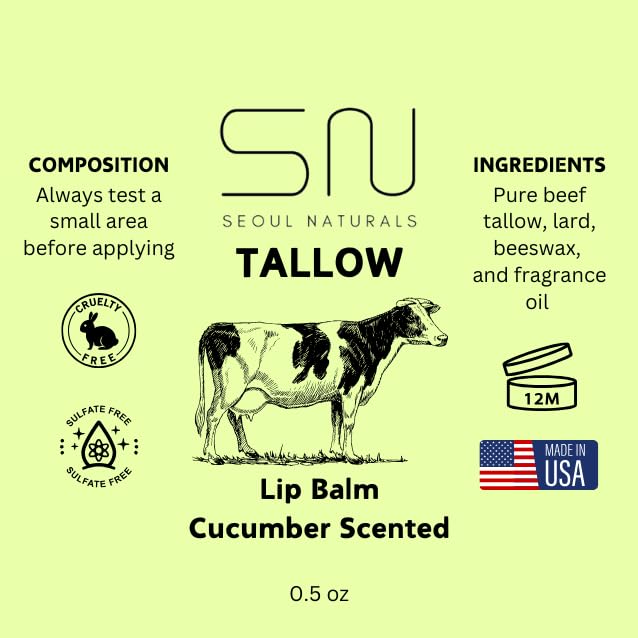 Seoul Naturals Tallow Lip Balm, Cucumber Mint Flavored, k beauty, 0.5 oz
