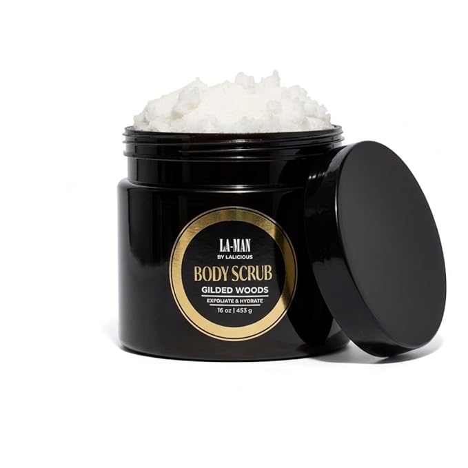 LALICIOUS Gilded Woods La-Man Body Scrub - Exfoliating Sugar Scrub for Men - Body Exfoliator for Dead Skin & Optimal Hydration - Pure Cane Sugar + Coconut Oil Body Scrub 16oz