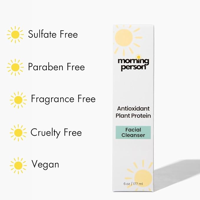 Morning Person Antioxidant Plant Protein Cleanser – Gentle Daily Face Wash, Removes Makeup, Hydrating & Soothing, Vegan & Sulfate-Free