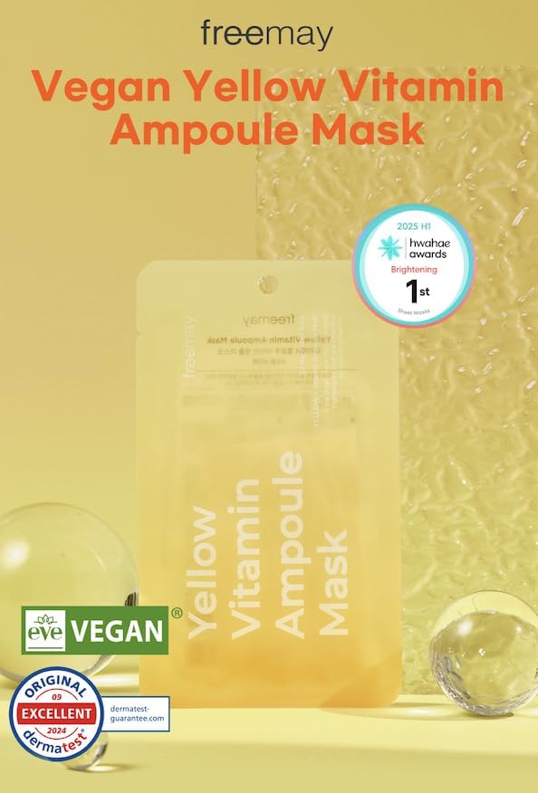 freemay Yellow Vitamin Ampoule Mask 27ml (0.91 fl oz) × 10 Sheets – Vitamin Complex for Hydration & Revitalizing, Vegan Facial Sheet Mask for Nourishing Glow