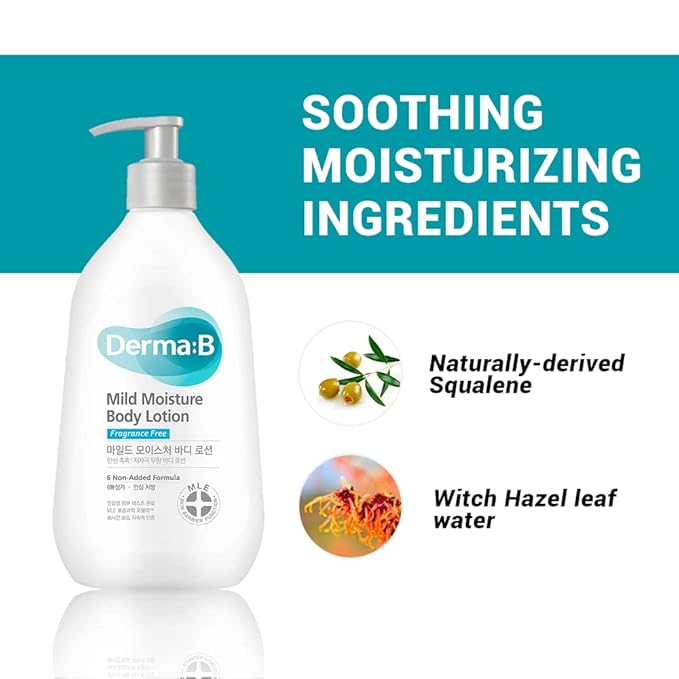 Derma B | Mild Moisture Body Lotion | Body Moisturizer for Sensitive Skin | Body Lotion for Extremely Dry Skin | Non-Irritating | Unscented Fast-Absorbing Cream | Korean Skincare | 13.5 fl oz (400ml)