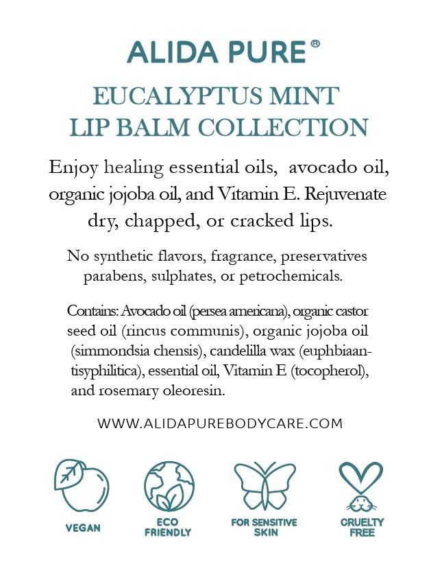 Eucalyptus Mint Lip Balm Collection, Vegan Set, Beeswax Free, with Organic Jojoba and Avocado Oil, Vitamin E, Natural Moisturizer for Dry, Chapped Lips, 3 Tube Set