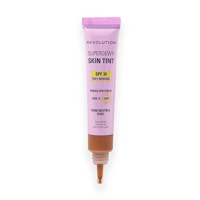 Revolution Superdewy SPF 30 Skin Tint, Tinted Mineral Face Foundation, Buildable Coverage for Facial Glow, 12% Zinc Oxide, Vegan & Cruelty-Free, Dark Neutral Cool