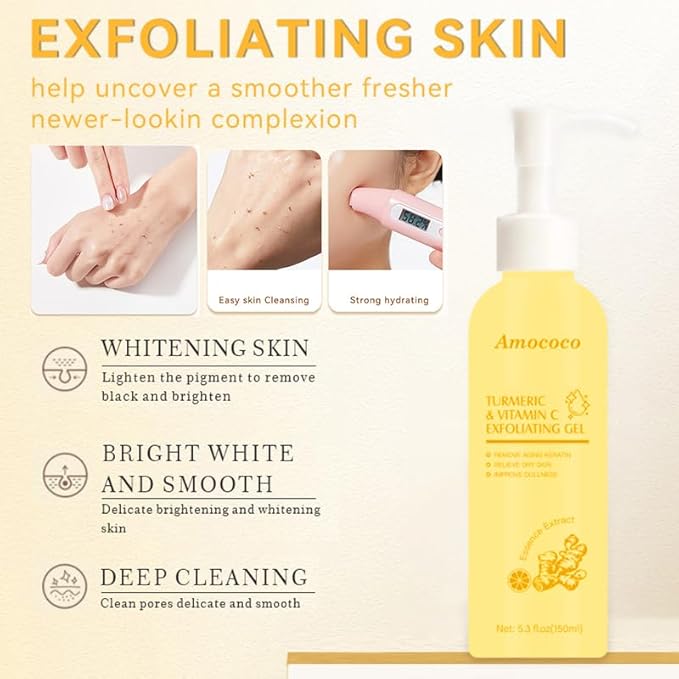 Natural Turmeric & Vitamin C Exfoliating Gel 5.3oz, Gentle Face Scrub for Dull & Dry Skin, Removes Dead Skin
