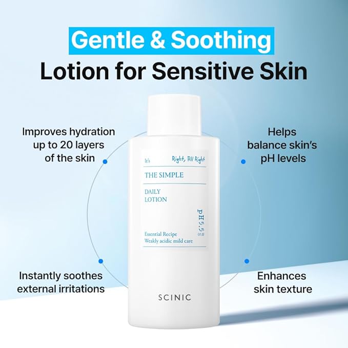 SCINIC The Simple Daily Lotion | Vegan Face Lotion for Sensitive and Irritated Skin | pH-Balanced Moisture Lotion with Madecassoside & Aloe Vera Leaf Juice | Korean Skin Care (4.9 fl.oz)