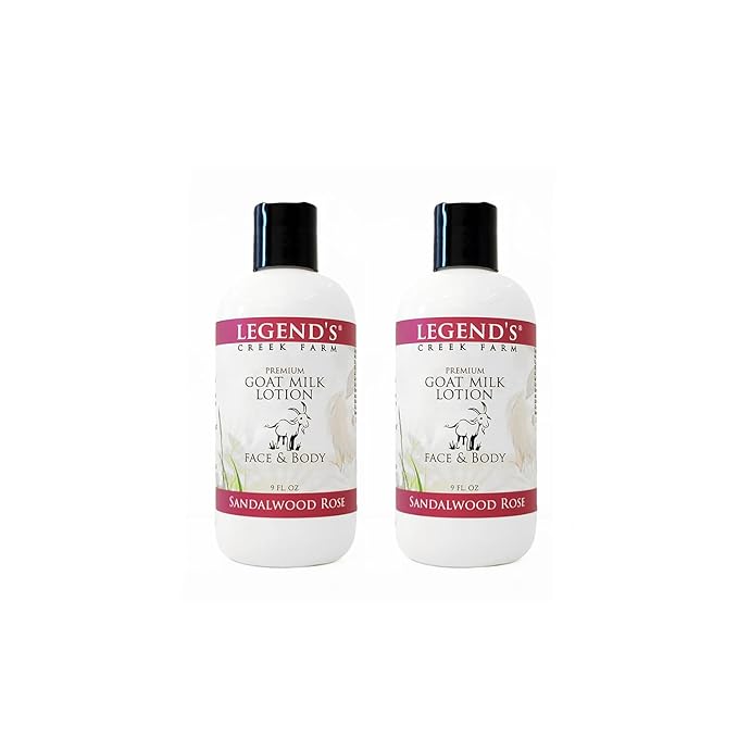 Legend's Creek Farm Goat Milk Lotion - Moisturizing Goat Milk Body Lotion for Body, Hand & Face - 9 oz Body Moisturizer with Shea Butter, Sunflower Oil, Aloe, Handmade in USA (2-Pack, Sandalwood Rose)
