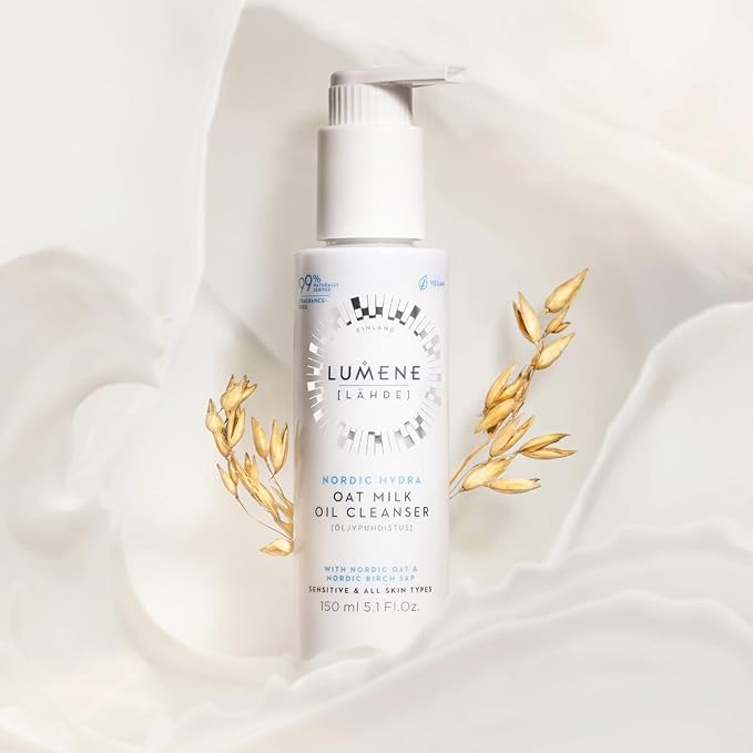 Lumene Nordic Hydra Oat Milk Oil Cleanser - Luxurious Oat Cleansing Milk, Makeup Remover + Gentle Face Wash for Soft, Clean Skin - Fragrance Free Hydrating Nordic Birch Sap Cleansing Oil (5.1oz)