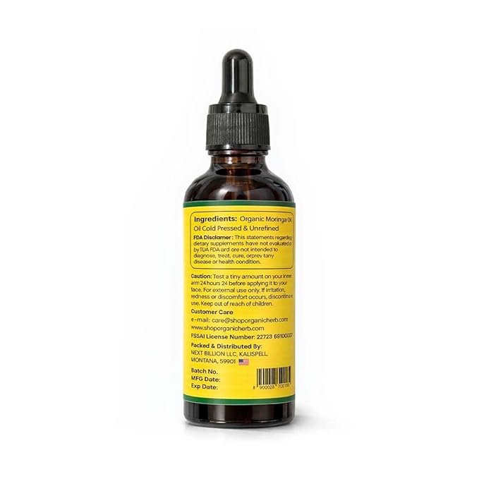 100% Pure Moringa Oil Cold Pressed and Unrefined Moisturizer Oil for Hair, Scalp and Skin | 3.8Oz/100ml