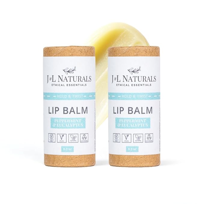 J&L Naturals Sustainable Lip Balm | Organic Ingredients, 100% Natural, Eco-Friendly | Cruelty Free, Vegan, Paraben Free, Silicone Free (Peppermint & Eucalyptus, 2-Piece Duo)