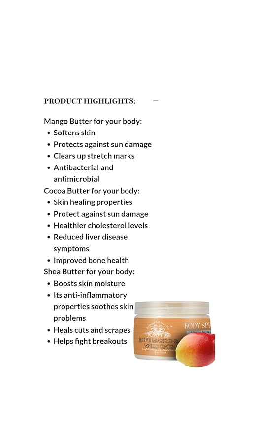 Root Natural Body Spread and Butter, Ripe Mango and Wild Oats, Deep Penetrating Moisturizer, 12 oz