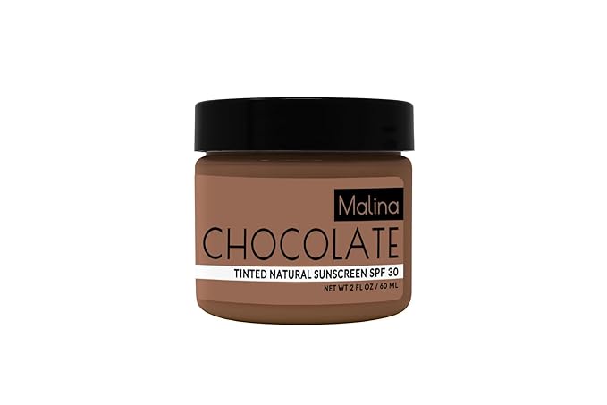 Malina™ Organic Chocolate Tinted Natural Sunscreen | SPF 30+ | Nontoxic | Reef-Safe | No Preservatives | No Synthetic Fragrance | 3 Shades | With Non-Nano Zinc-Oxide (0.5 Fl Oz, Dark)