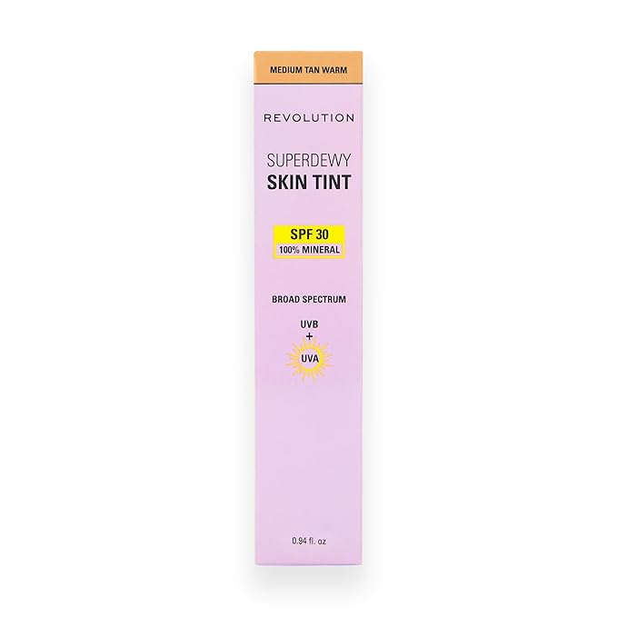 Revolution Superdewy SPF 30 Skin Tint, Tinted Mineral Face Foundation, Buildable Coverage for Facial Glow, 12% Zinc Oxide, Vegan & Cruelty-Free, Medium Tan Warm