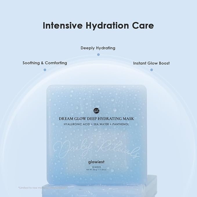 glowiest Dream Glow Deep Hydrating Sheet Mask (30 Count) – Hyaluronic Acid, Sea Water & Panthenol, Daily Moisture Mask for Dry & Dehydrated Skin, Korean Skincare, K-beauty