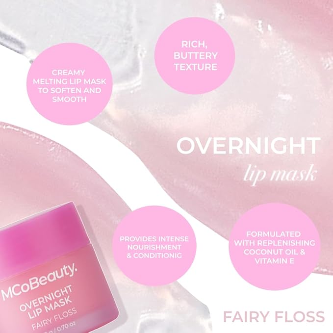MCoBeauty Double Duty Lip Mask Fairy Floss - Hydrating Lip Balm with Coconut Oil Vitamin E Hyaluronic Acid - Overnight Lip Mask Treatment for Dry Lips - Tinted Lip Care, Vegan Cruelty Free - 15g
