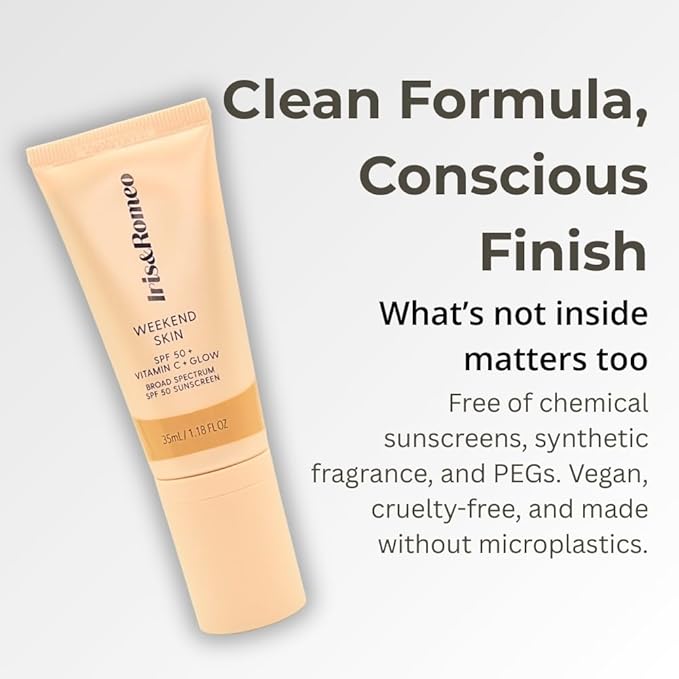 IRIS&ROMEO Weekend Skin SPF 50 Instant Glow Tinted Mineral Sunscreen with Vitamin C + Niacinamide Full Size 1.18 Oz - Universal Glow (Sheer Luminosity)