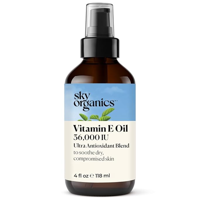 Sky Organics Vitamin E Oil Blend for Face, Organic Antioxidant Facial Oil, 36,000 IUs to Deliver Reparative Moisture and Soothe Dry, Damaged Skin, 100% Pure & Cold-Pressed, 3.97 fl oz, 117 ml